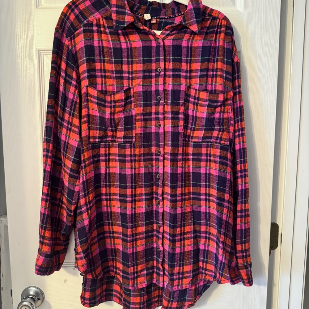 Anthropologie- Plaid Shirt in Pink, Orange and purple